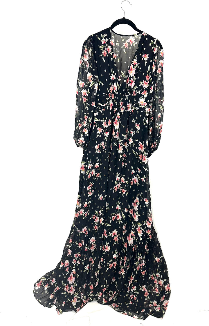 Black, Gold, and Floral Printed Maxi Dress - Small