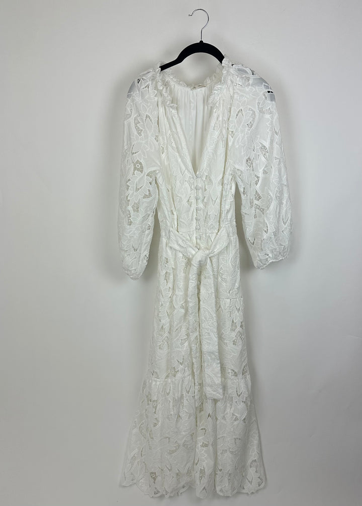 White Lace Long Sleeve Buttoned Dress - Size 4