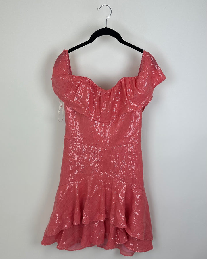 Coral Sequin Ruffle Off the Shoulder Mini Dress - Size 4/6