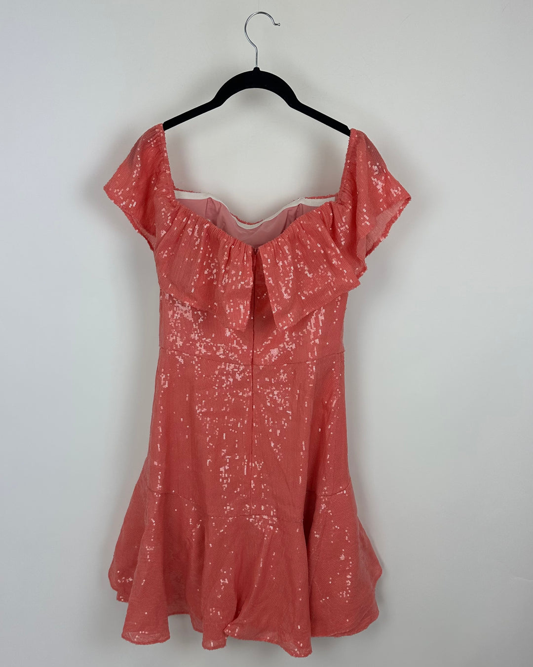 Coral Sequin Ruffle Off the Shoulder Mini Dress - Size 4/6