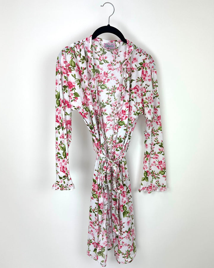 White and Pink Floral Ruffle Robe - Size 0-2