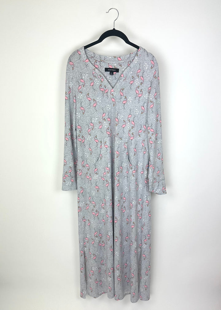 Gray Flamingo Patterned Nightgown - Small