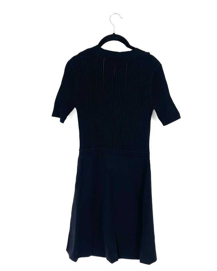 Black Ribbed Sheath Dress with Square Neckline - Medium