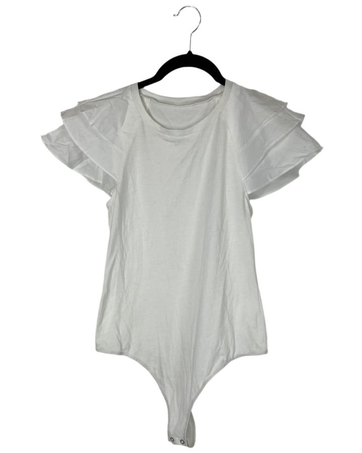 White Ruffled Short Sleeve Bodysuit - Small