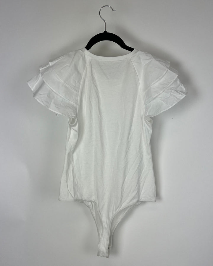 White Ruffled Short Sleeve Bodysuit - Small