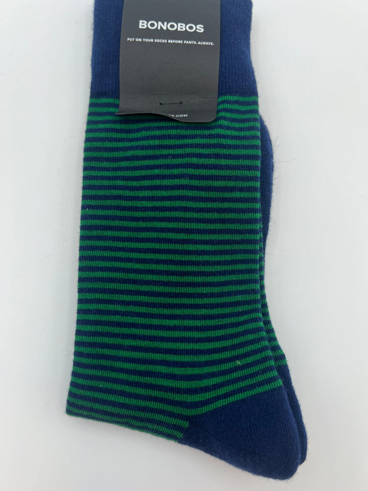 MENS Green and Navy Blue Striped Crew Socks - One Size Fits Most