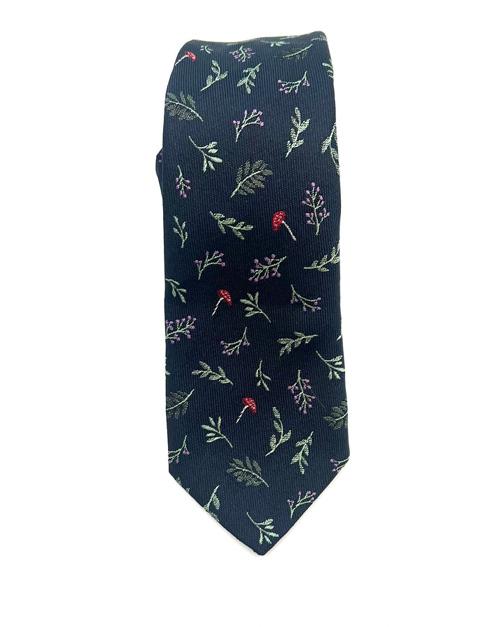 MENS Navy Blue Tie With Flowers and Leaves