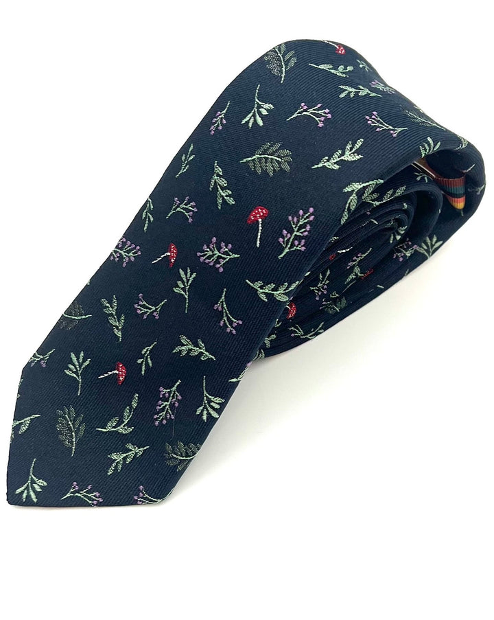 MENS Navy Blue Tie With Flowers and Leaves