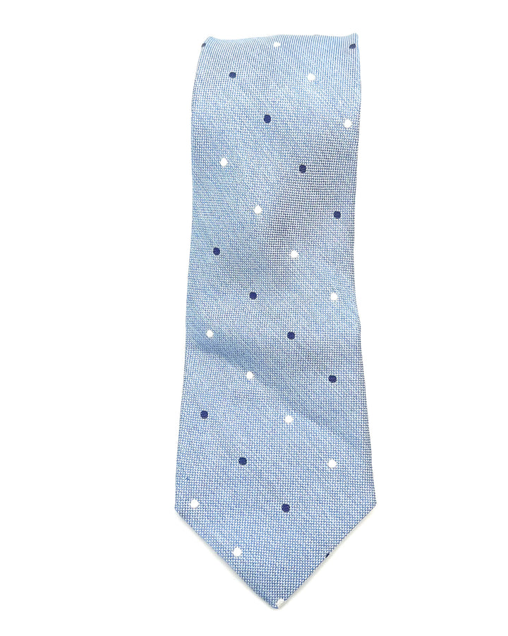 MENS Sky Blue Tie With Navy and White Polka Dots