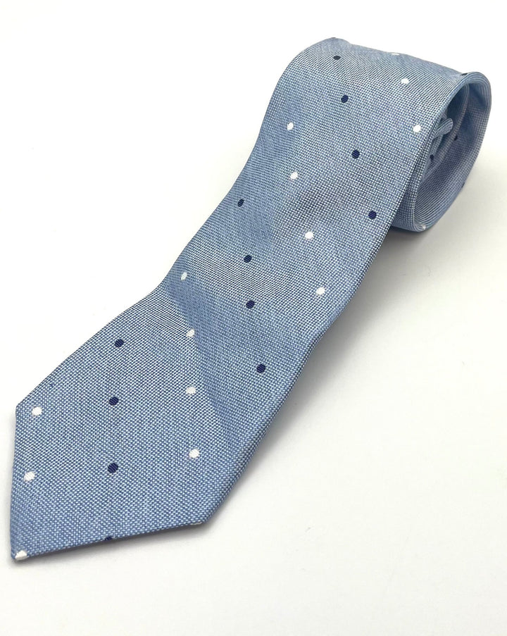 MENS Sky Blue Tie With Navy and White Polka Dots