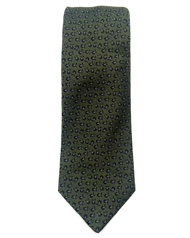 MENS Forest Green Tie With Small Purple Flowers