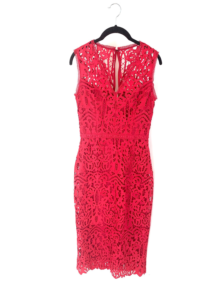 Red Sleeveless Lace V-Neck Dress - Size 4