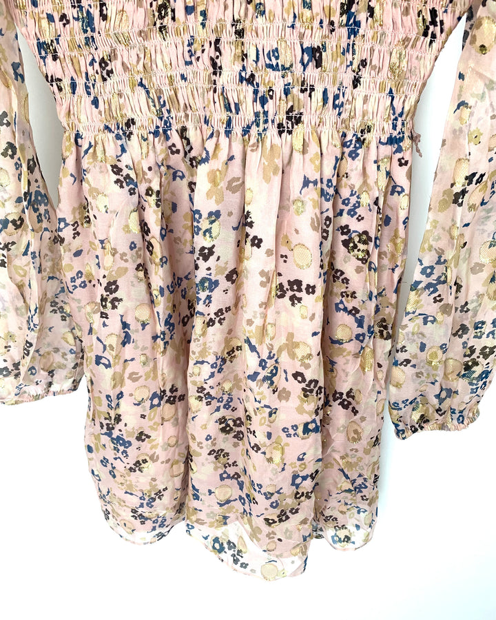 Pink Flower Printed Long Sleeve Dress - Size 4