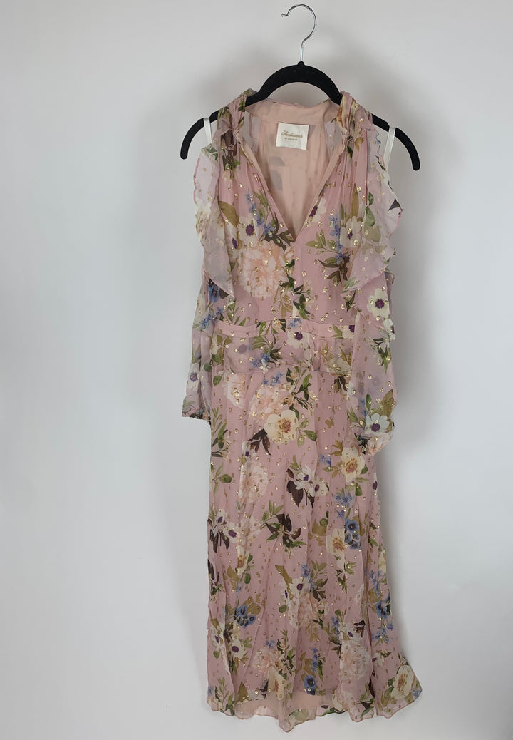 Pale Pink Floral and Gold Flaked Polka Dotted Maxi Dress - Size 4/6