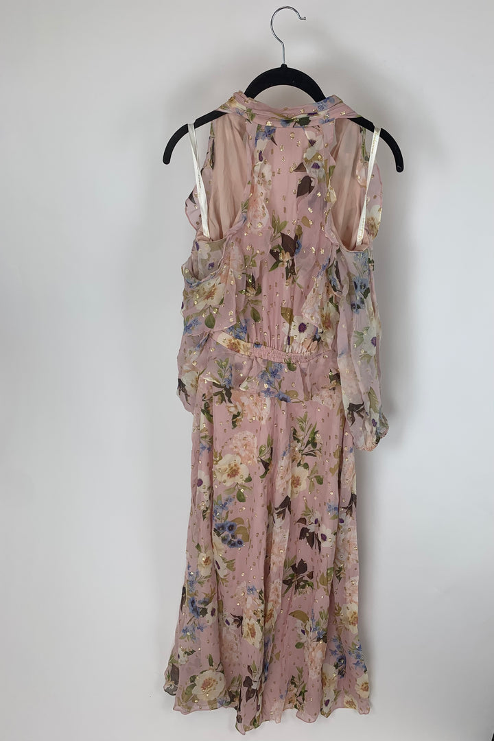 Pale Pink Floral and Gold Flaked Polka Dotted Maxi Dress - Size 4/6