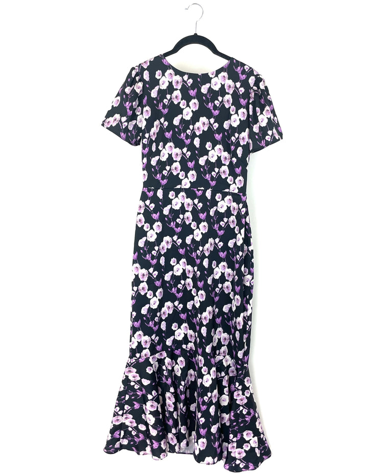 Black And Purple Floral Short Sleeve Dress  - Size 6/8