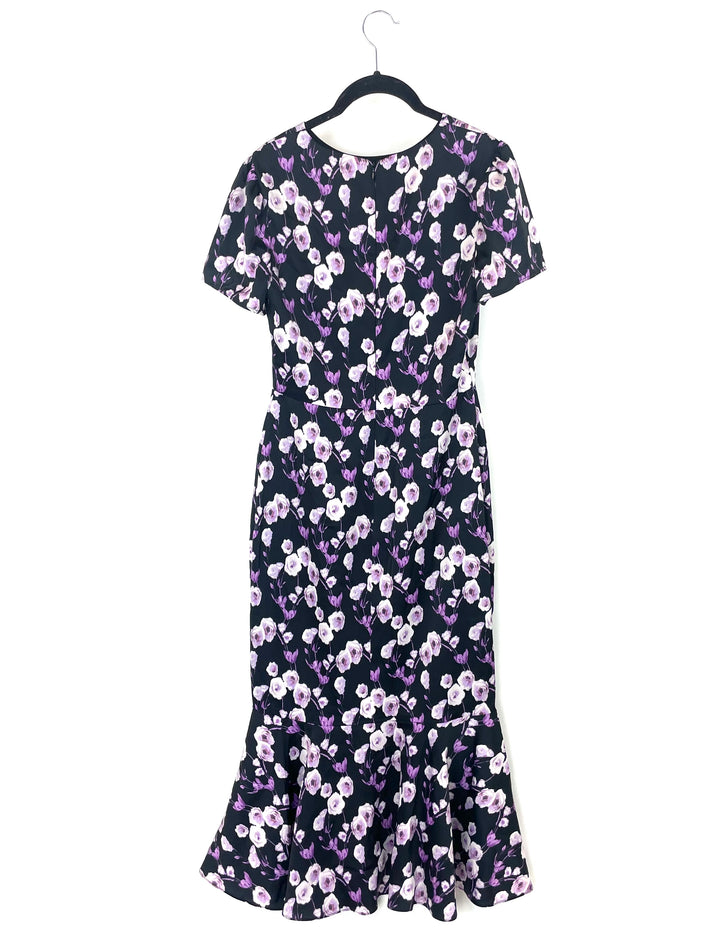 Black And Purple Floral Short Sleeve Dress  - Size 6/8