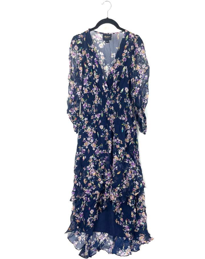 Blue Floral Printed Long Dress - Size 4