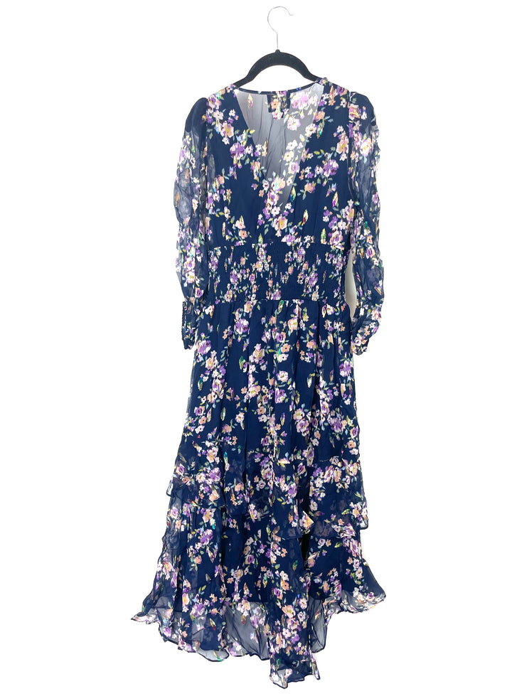 Blue Floral Printed Long Dress - Size 4