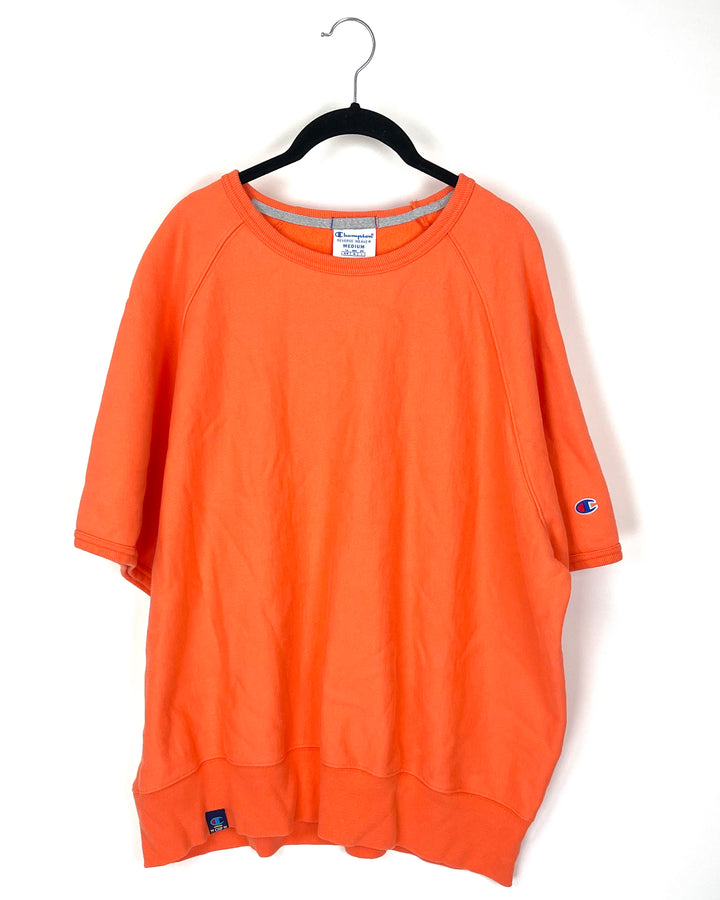 MENS Neon Orange Sweatshirt-Like Short Sleeve Shirt - Medium