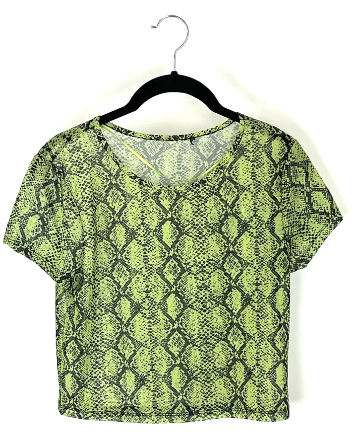 Green Snake-Print Mesh Cropped Top - Small