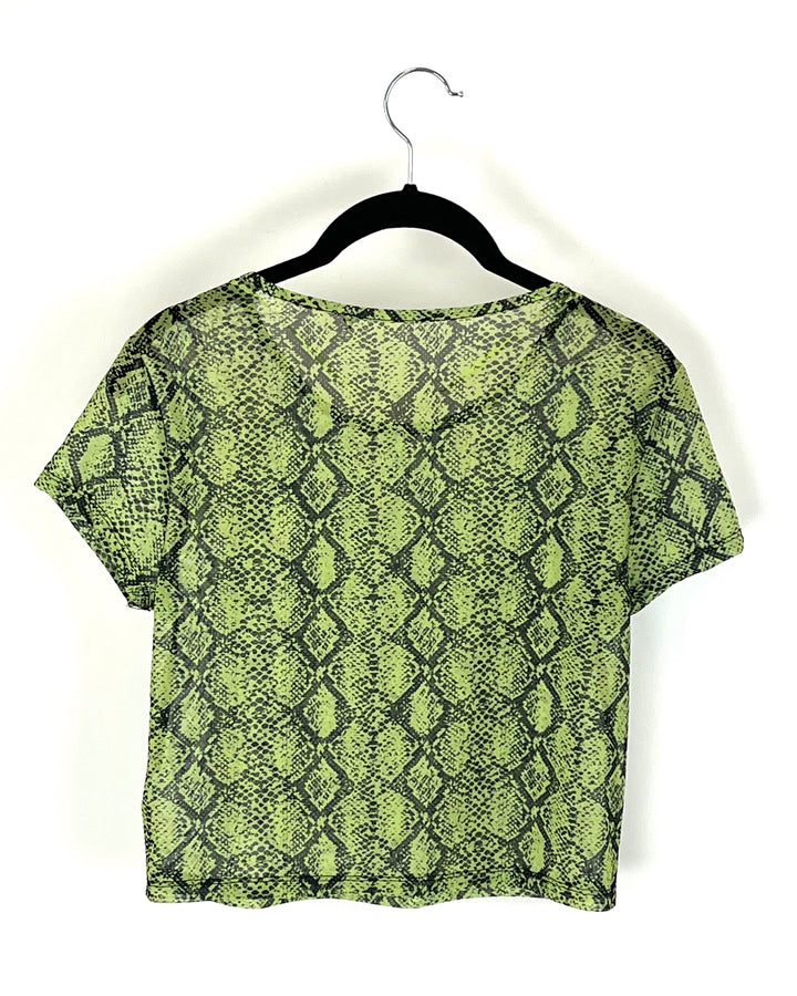 Green Snake-Print Mesh Cropped Top - Small