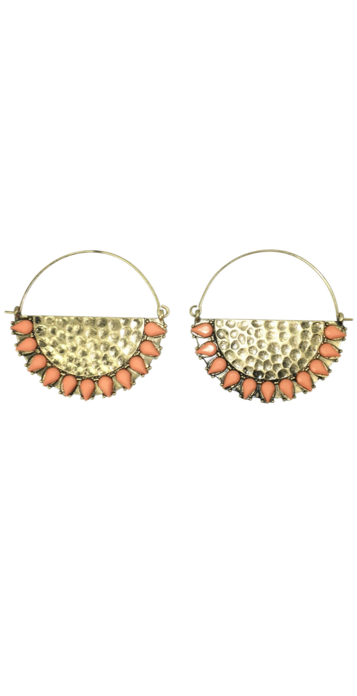 Gold and Coral Hoop Earrings with Gold Semi Circle - The Fashion Foundation - {{ discount designer}}