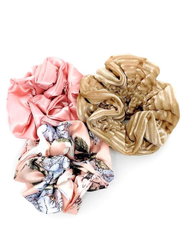 Pink and Brown Floral Scrunchie Set