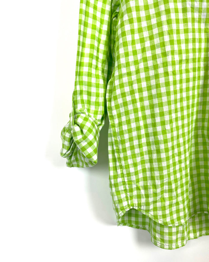 Green and White Long Sleeve Gingham Top - Small