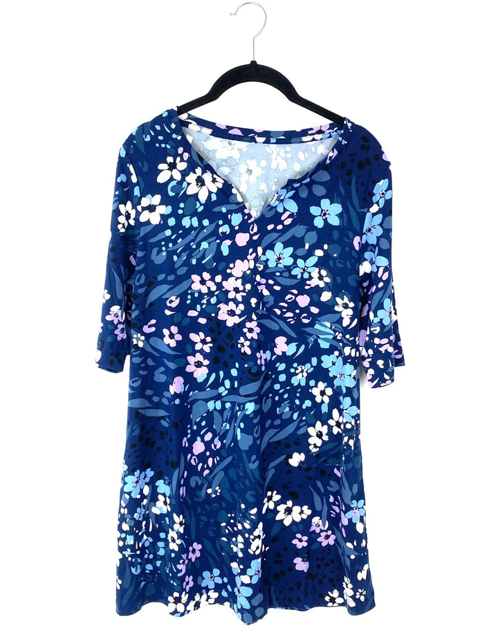 Navy Flower Print Short Sleeve Top - Size 6/8