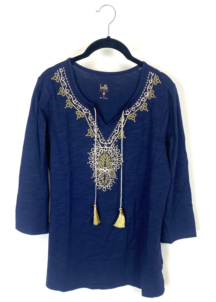 Navy Blue 3/4 Sleeve Top with White and Gold Embroidery - Small/Medium