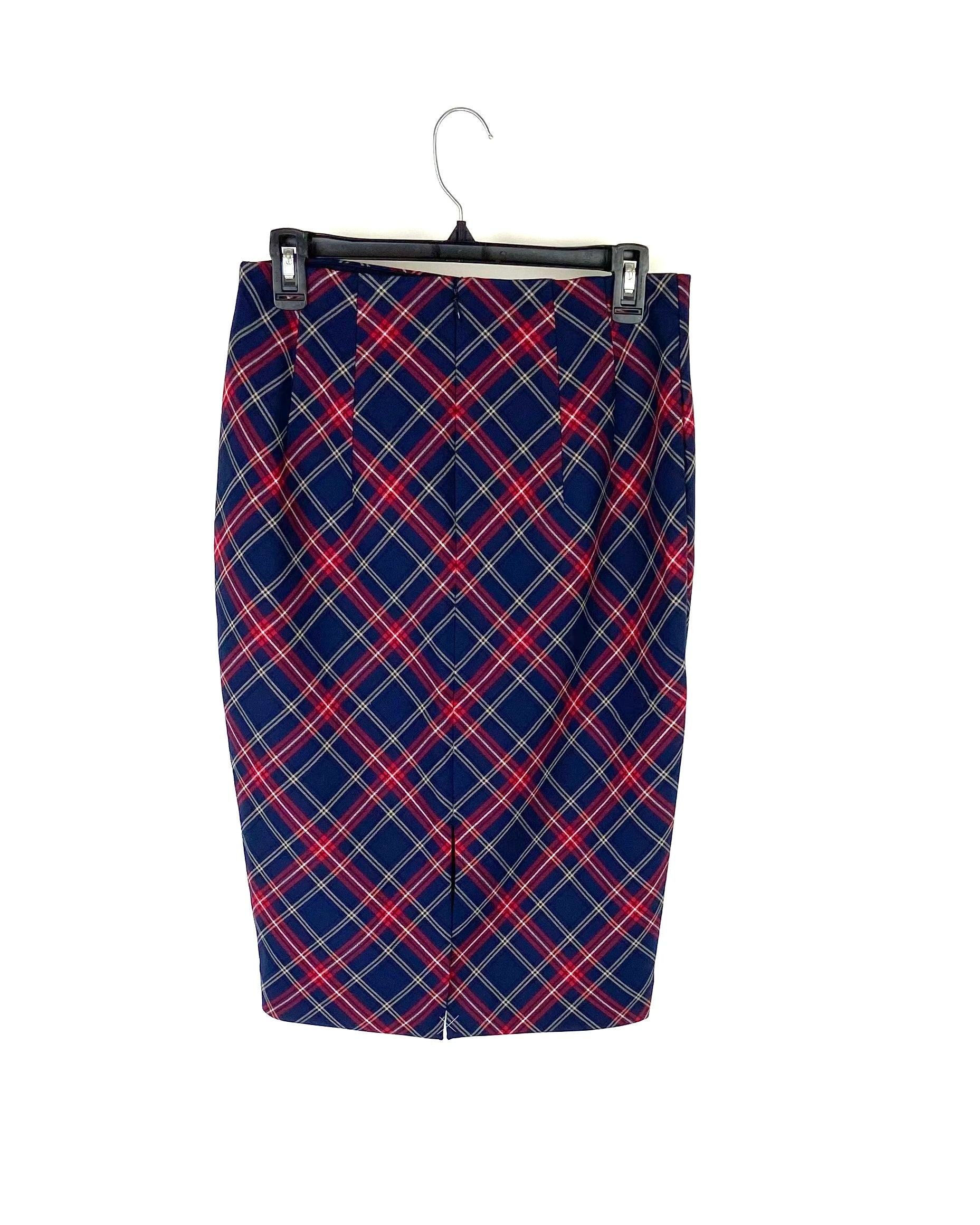 Navy Red Plaid Midi Skirt Size 6